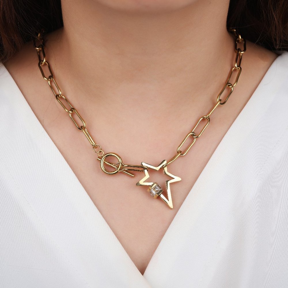 Stainless Steel Gold Plated Trendy Paper Clip Chain With CZ Star Charm